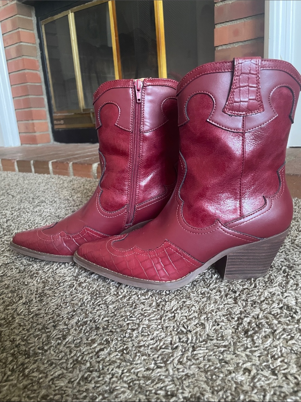Crown Vintage Burgundy Western Ankle Boots with Textured Toe